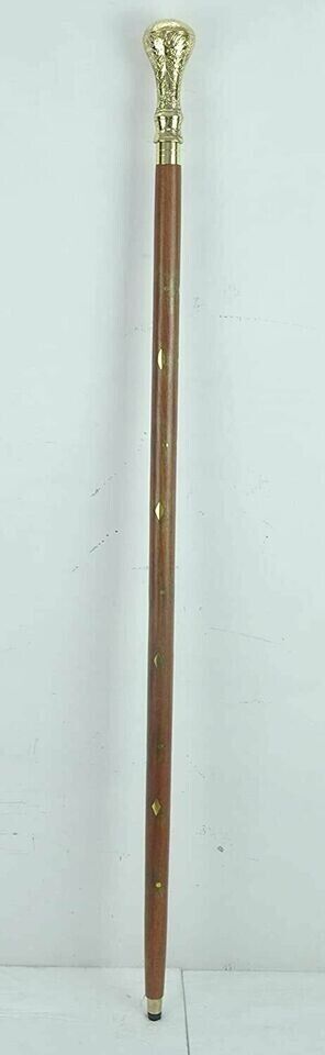 CLASSIC STYLE WOODEN WALKING STICK CANE BRASS ENGRAVED HANDLE SHINY POLISHED NEW