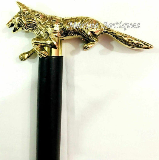 Brass Wolf Handle Black Wooden Walking Stick Vintage Victorian Antique Cane Gift