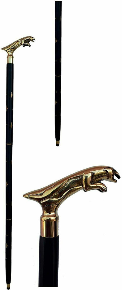 Vintage Antique Walking Cane Wooden Walking Stick Black Jaguar Brass Handle Gift