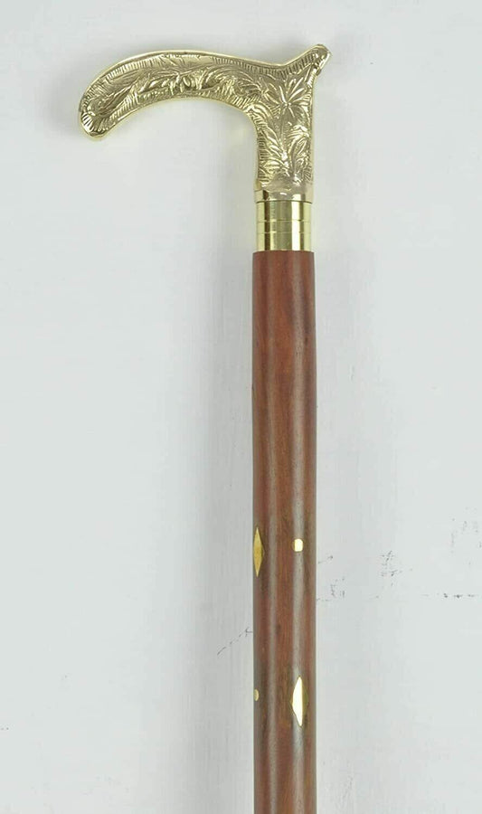 CLASSIC STYLE WOODEN WALKING STICK CANE BRASS ENGRAVED HANDLE SHINY POLISHED NEW