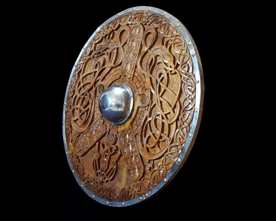 Medieval Hand Carved Wooden Viking Shield With Steel umbo