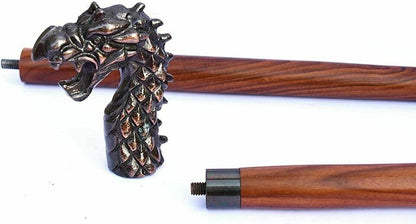 Brass Dragon Shape Walking Stick Cane Red Wood Two Fold Unique Design Handle New