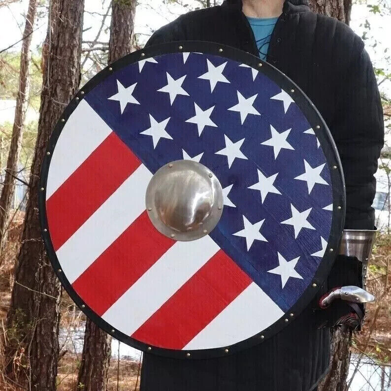 US Flag 24" Heavy Shield Handmade Wooden Shield Battle Ready Viking Shield