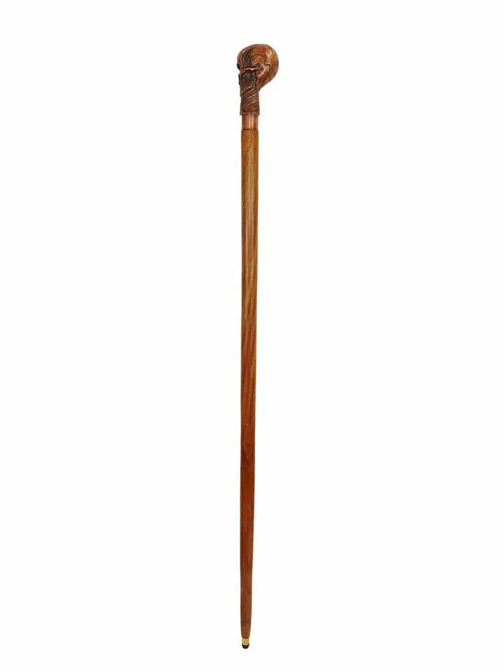 Vintage Antique brass skull head handle 3 fold wooden walking cane stick designe