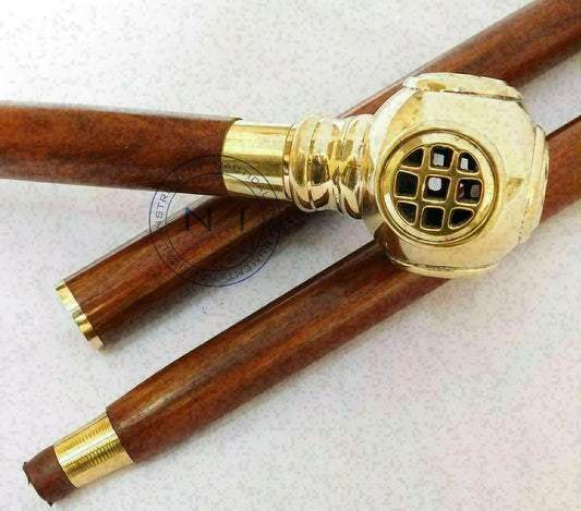 Wooden Walking Stick Handmade Solid Brass Diving Helmet Handle Victorian Cane A