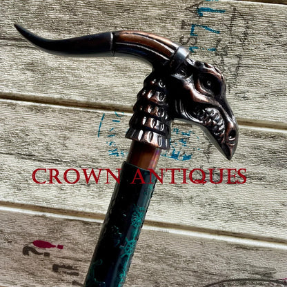 Vintage Brass Handle Wooden Walking Stick Leather Wrap Designer Dragon Head Cane