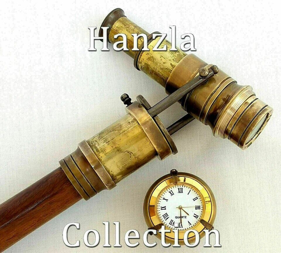 Brass Victorian Telescope Spy Watch Handle Wooden Vintage Walking Stick Cane