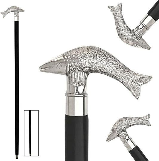 Silver Brass Fish Head Wooden Cane Walking Stick Best Styles Gift Solid Vintage