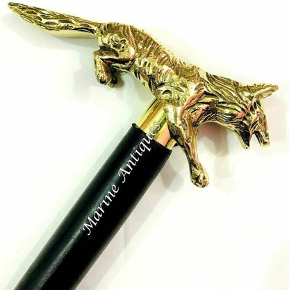 Brass Wolf Handle Black Wooden Walking Stick Vintage Victorian Antique Cane Gift