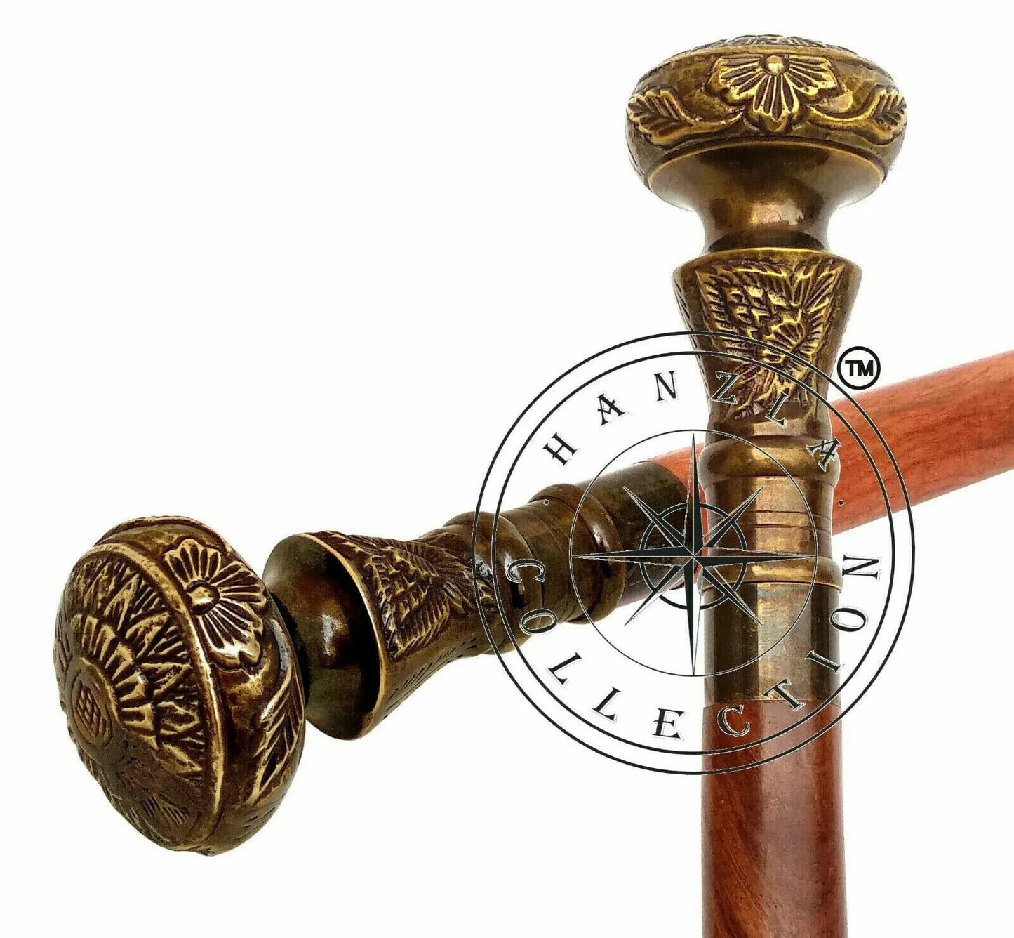 Victorian Stick Wooden Walking cane Vintage Designer Brass Handle Antique Style