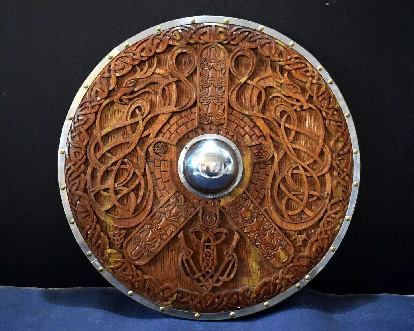 Medieval Hand Carved Wooden Viking Shield With Steel umbo