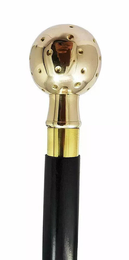 Brass KNOB Handle Black Vintage Wooden Walking Stick Cane Golden HALLOWEEN GIFT