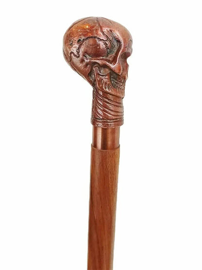 Vintage Antique brass skull head handle 3 fold wooden walking cane stick designe