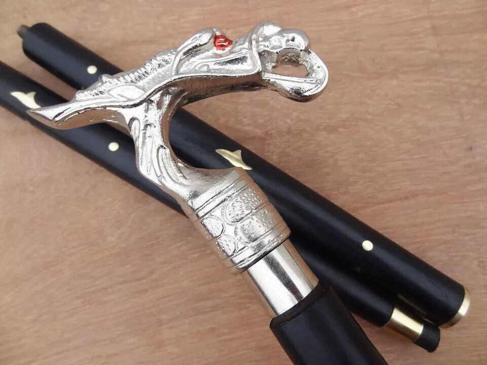 SILVER NICKEL PLATED DRAGON HEAD WALKING STICK VINTAGE WOODEN CANE HANDLE STICK