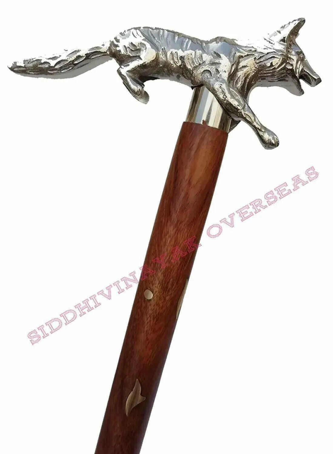 Handmade Solid Brass Fox Head Handle Vintage Style Wooden Walking Stick Cane New