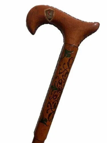 New Comfortable Light Leather Carved Handle Wooden Walking Stick with Cane Gift