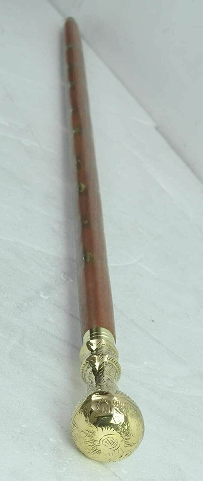 CLASSIC STYLE WOODEN WALKING STICK CANE BRASS ENGRAVED HANDLE SHINY POLISHED NEW