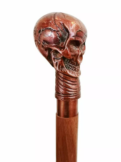 Vintage Antique brass skull head handle 3 fold wooden walking cane stick designe