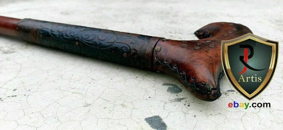 Wooden Cane Walking Stick with Leather Carved Cane Light Comfortable Handle