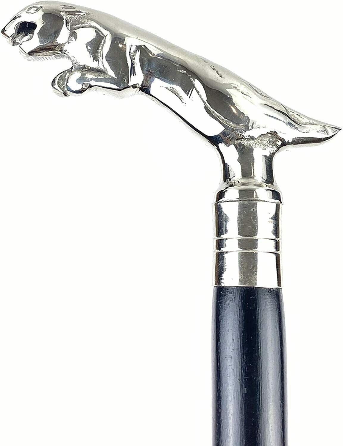 beautiful bras antique silver jaguar head handle black wooden cane walking stick