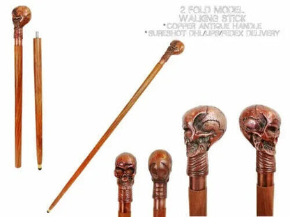 Vintage Antique brass skull head handle 3 fold wooden walking cane stick designe