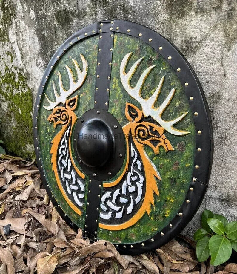 Wooden Viking Shield Medieval Handmade Carving 24'' inch Battle Roleplay Cosplay