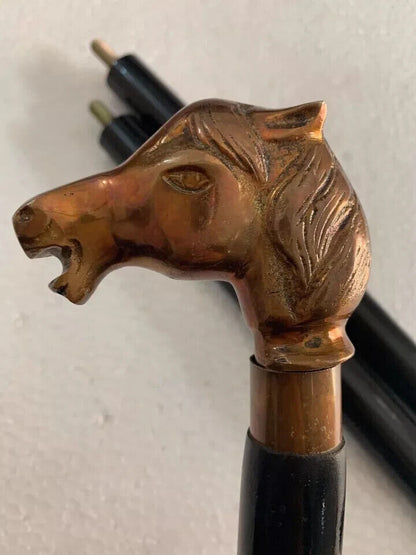 Antique Brass Horse Head Handle Vintage Victorian Wooden Walking Stick Cane Gift