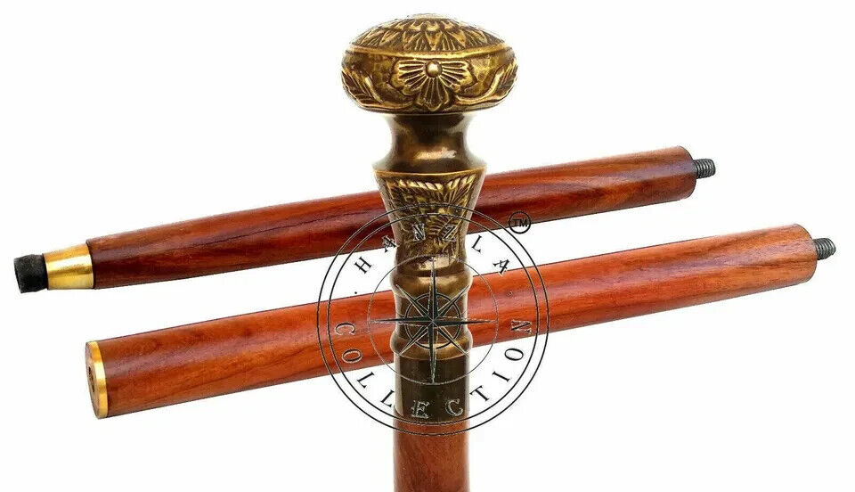 Victorian Stick Wooden Walking cane Vintage Designer Brass Handle Antique Style