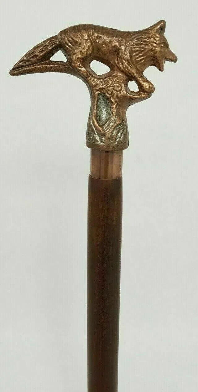 Walking Stick Wooden Cane Style Vintage Fox Head Copper Antique Metal Handle