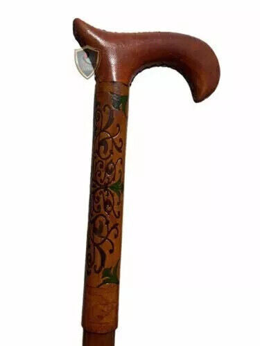 New Comfortable Light Leather Carved Handle Wooden Walking Stick with Cane Gift