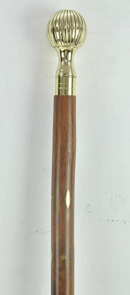 CLASSIC STYLE WOODEN WALKING STICK CANE BRASS LINING BALL HANDLE SHINY POLISHED