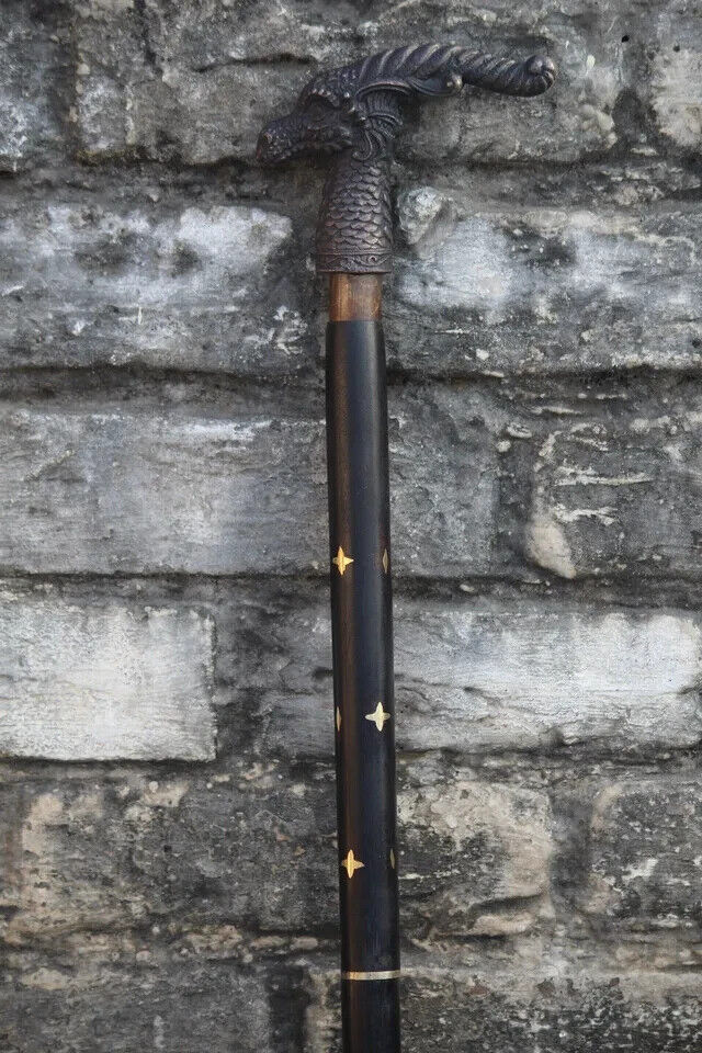 Vintage Cane Alumin Dragon Head Hardwood Walking Stick Antique Men's Cane Gift