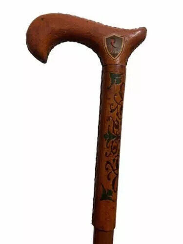 New Comfortable Light Leather Carved Handle Wooden Walking Stick with Cane Gift