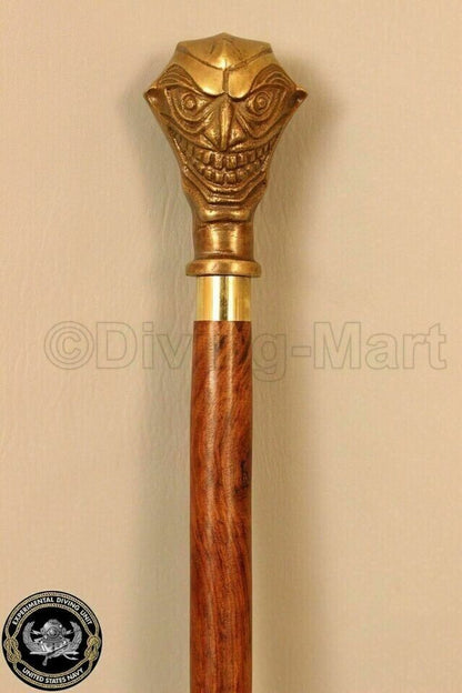 Antique Brass Handle Golden Joker Face Victorian Walking Stick Cane Replica Gift