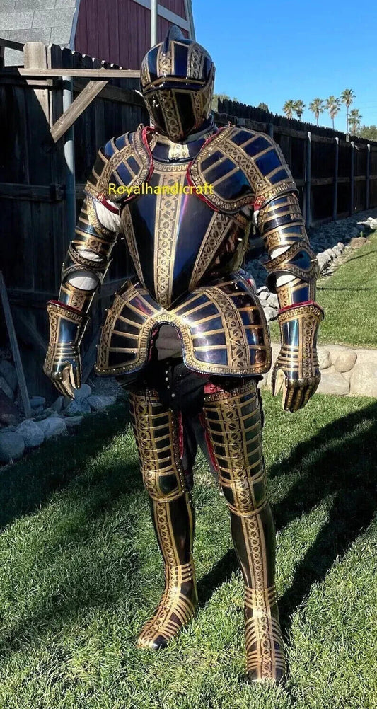 This stunning Medieval German Armour of Gold Etched Knight Suit of Armor Replica