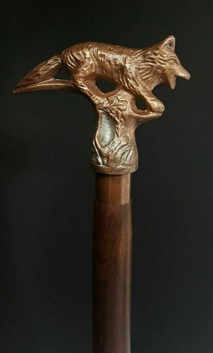 Walking Stick Wooden Cane Style Vintage Fox Head Copper Antique Metal Handle