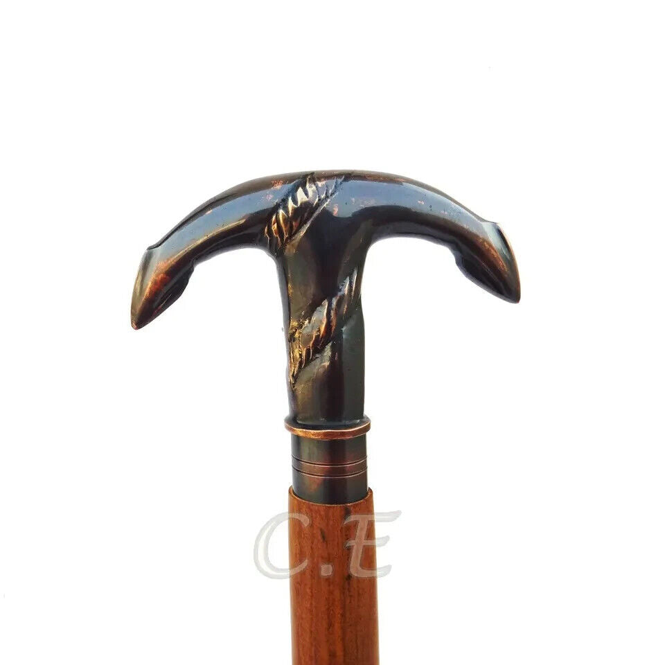 Antique Brass Handle Brown Wooden Walking Stick Cane Vintage Style Handmade Gift