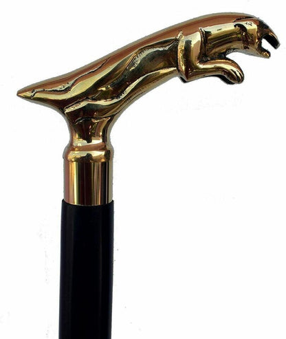 Vintage Antique Walking Cane Wooden Walking Stick Black Jaguar Brass Handle Gift