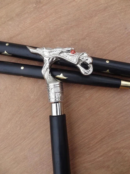 SILVER NICKEL PLATED DRAGON HEAD WALKING STICK VINTAGE WOODEN CANE HANDLE STICK