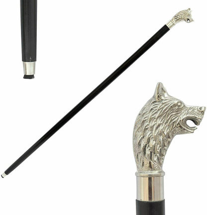 Wolf Head Brass Handle Walking Stick Design Vintage Victorian Walking Stick Cane