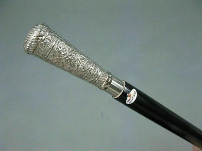 Solid Silver Pillar Head Handle Vintage Antqiue Wood Walking Stick Cane HALLOWEE