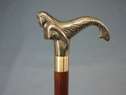 Mermaid Brass Head handle Vintage Style Handle Wooden Walking Stick Shaft Cane