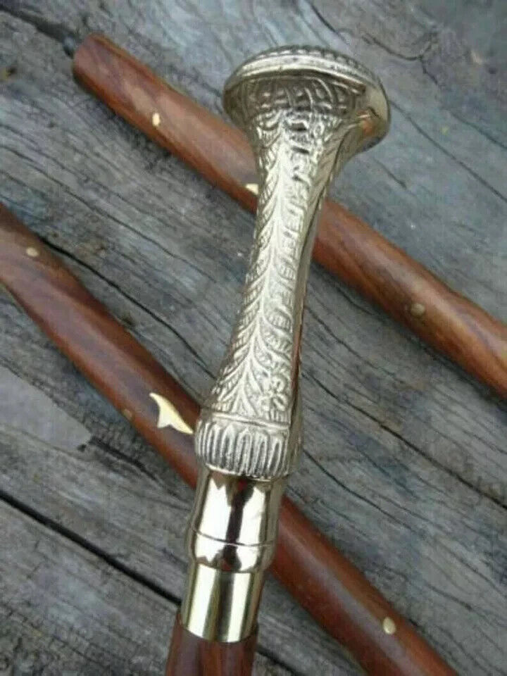 Solid brass long knob head handle antique shaft wooden walking stick cane gift