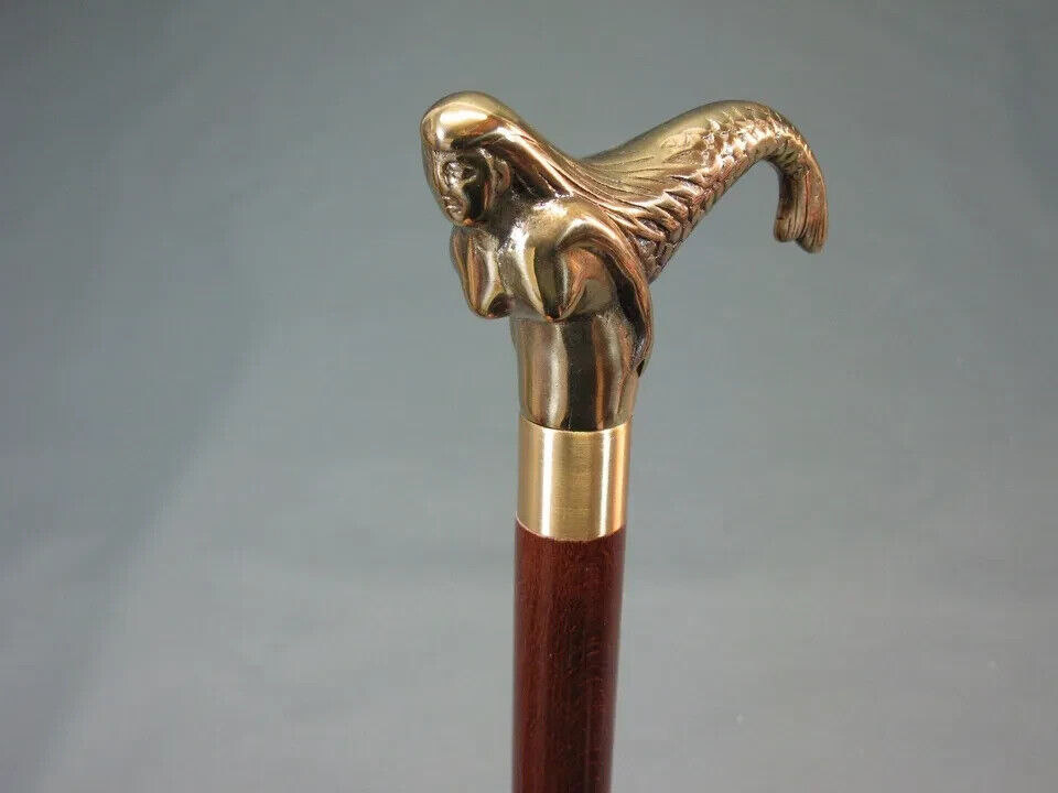 Mermaid Brass Head handle Vintage Style Handle Wooden Walking Stick Shaft Cane