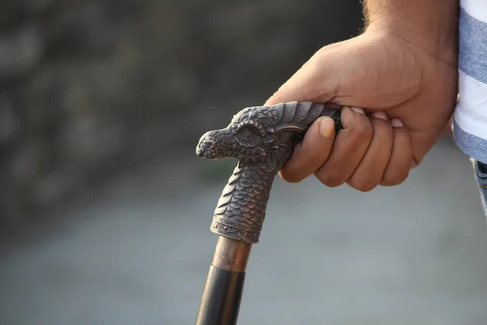 Vintage Cane Alumin Dragon Head Hardwood Walking Stick Antique Men's Cane Gift