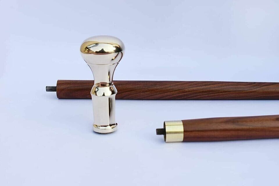 Brass Plain Walking Stick Cane Red Wood Two Fold Design Handle Best for Costume