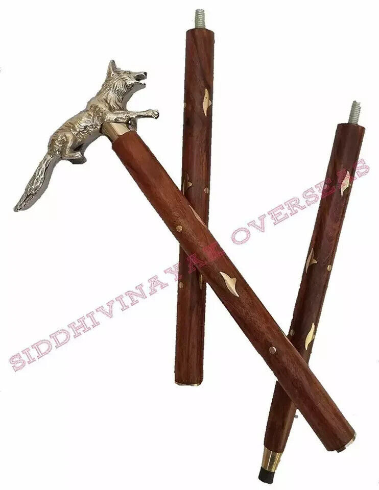 Handmade Solid Brass Fox Head Handle Vintage Style Wooden Walking Stick Cane New