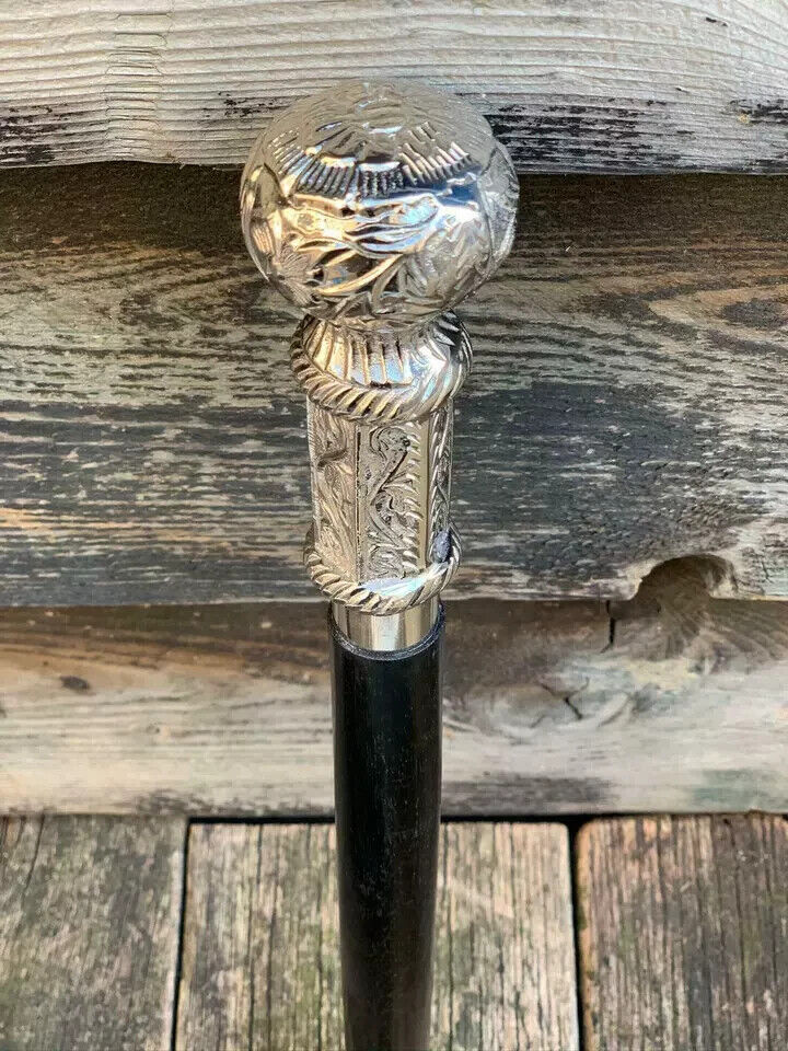 VICTORIAN STYLE SILVER NICKEL TOP KNOB HANDLE CANE SWAGGER WALKING STICK CANE