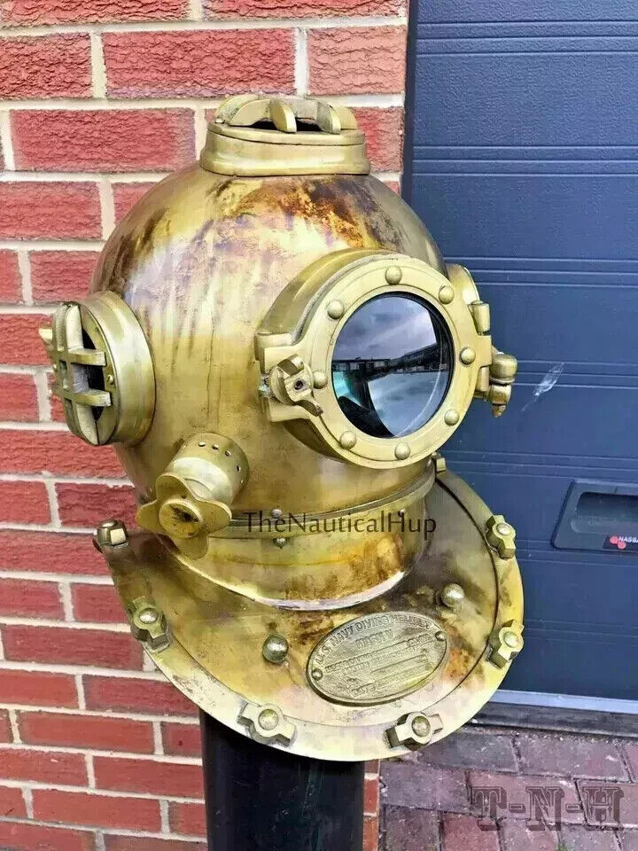 Antique Divers Diving Helmet 18" Scuba Lens U.S Navy Brass Magnifying Mark gift