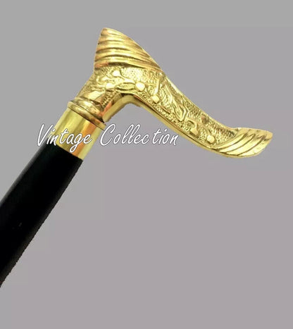 Brass Polished Darby Head Handle Black Wooden Walking Stick Nautical Cane Gifted